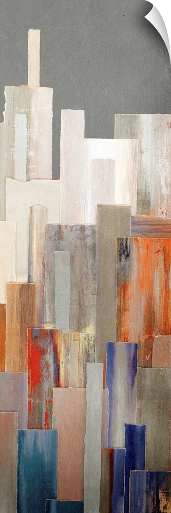 A long vertical contemporary painting of multi colored buildings in a city.
