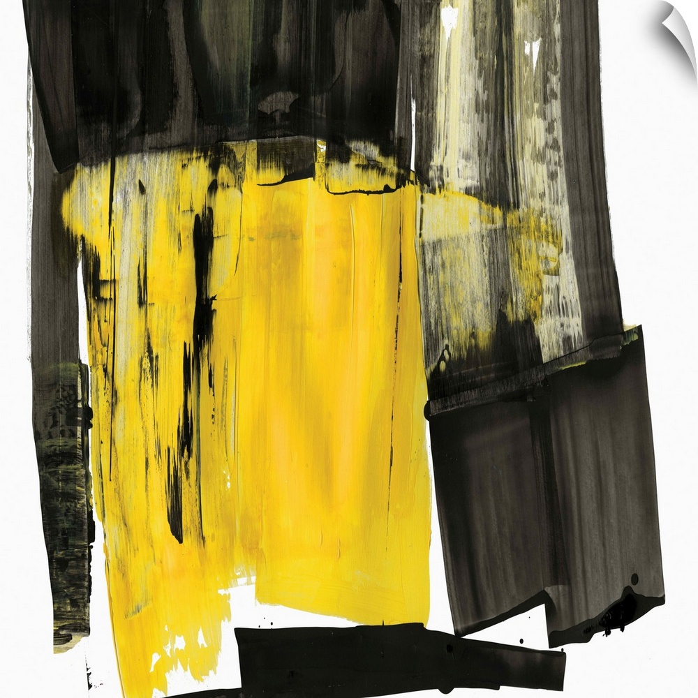 Contemporary abstract artwork in black and grey with a pop of bright yellow.