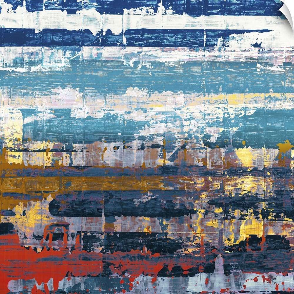 Contemporary abstract home decor artwork using blues and reds in distressed conditions.
