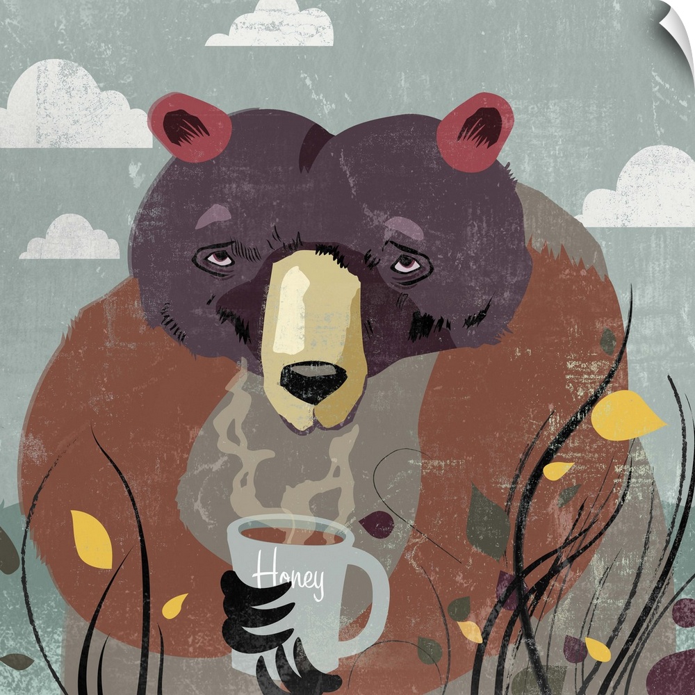 Contemporary home decor art of a bear sitting among flowers and grass holding a mug with steam pouring out of it.