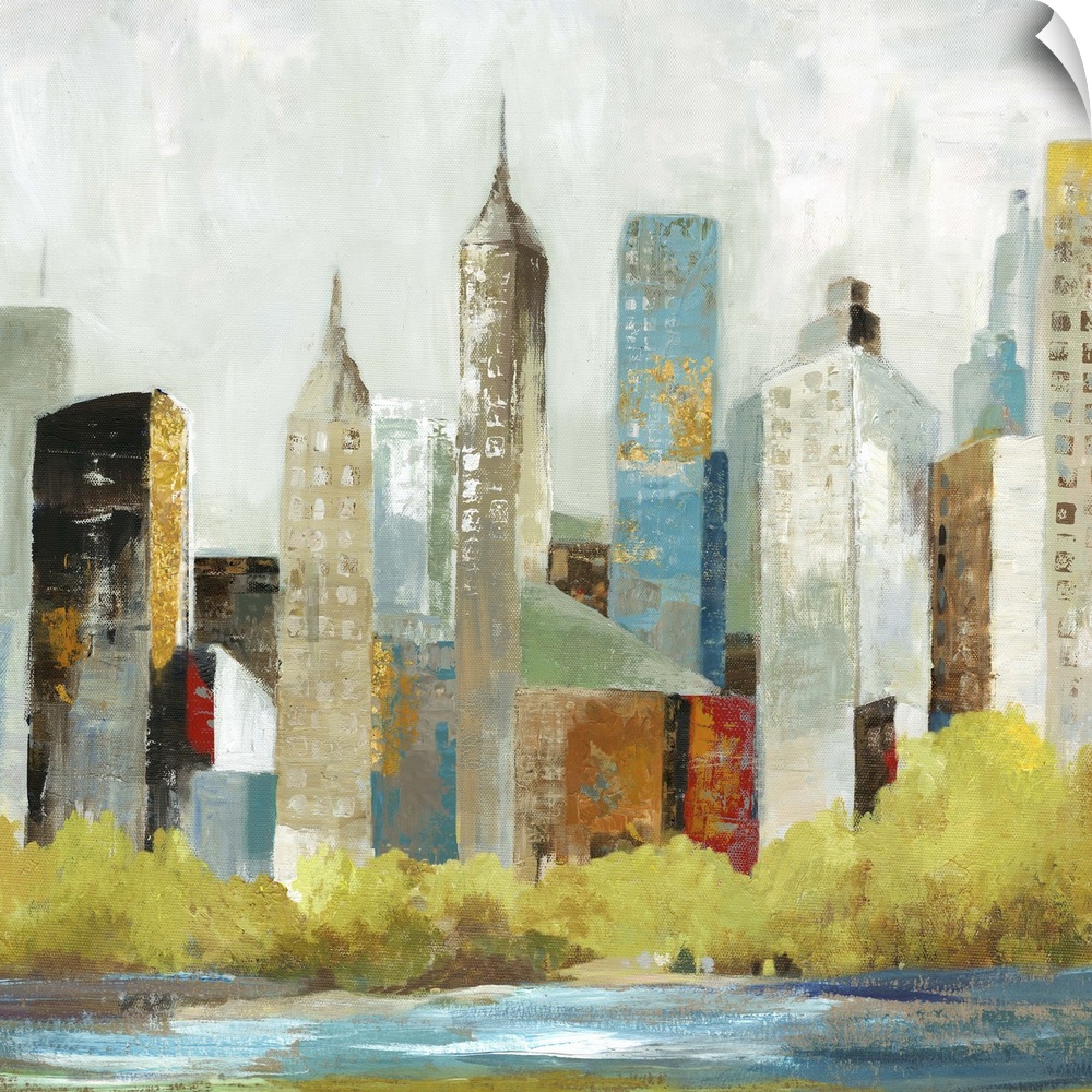 Contemporary home decor artwork of city skyline in muted tones.