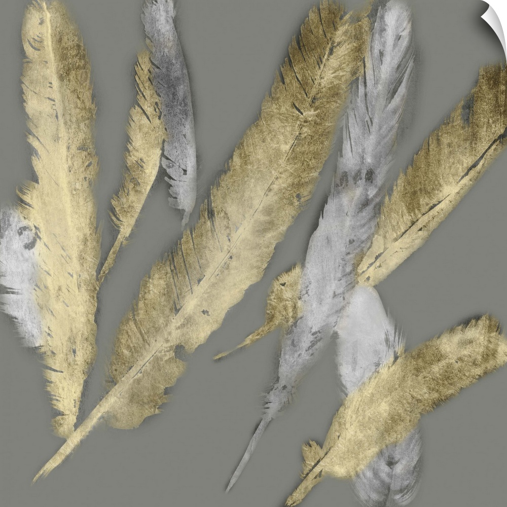 Contemporary home decor artwork of gold and silver feathers fluttering against a gray background.