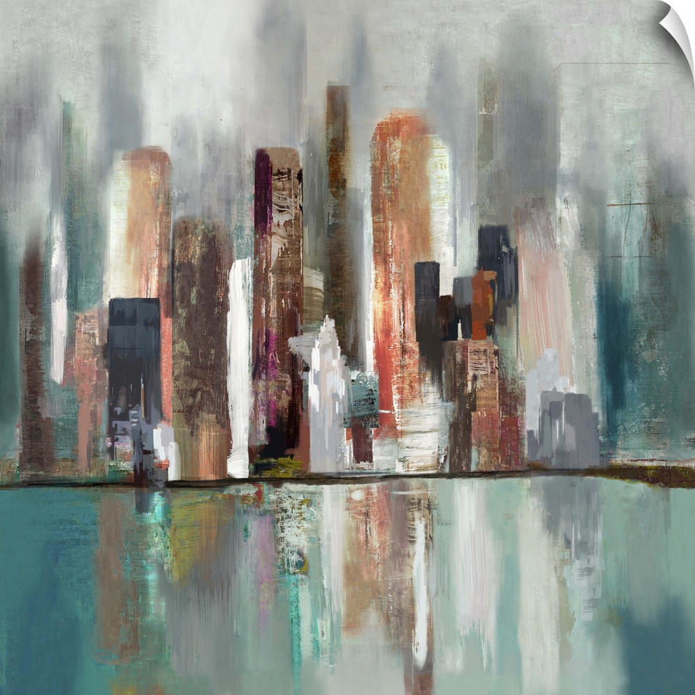 Contemporary home decor art of an abstract skyline of tall architectural structures.
