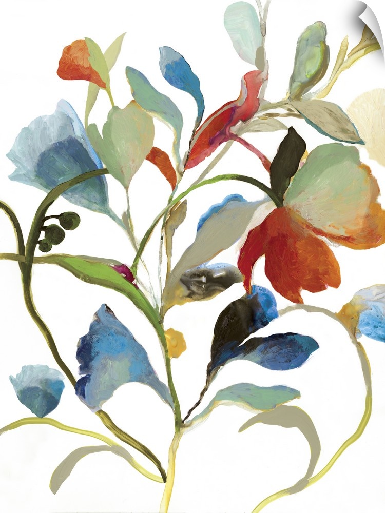 Contemporary painting of flowers and leaves in vibrant colors.