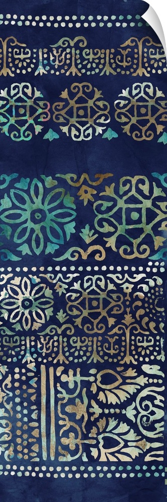 A Bohemian-style abstract painting incorporating floral elements, mandalas, and damask print.