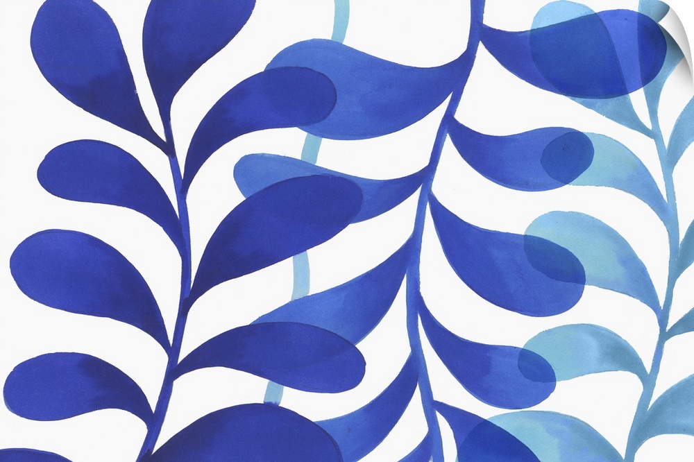 A modern painting of three branches of leaves in different shades of blue on a white backdrop.