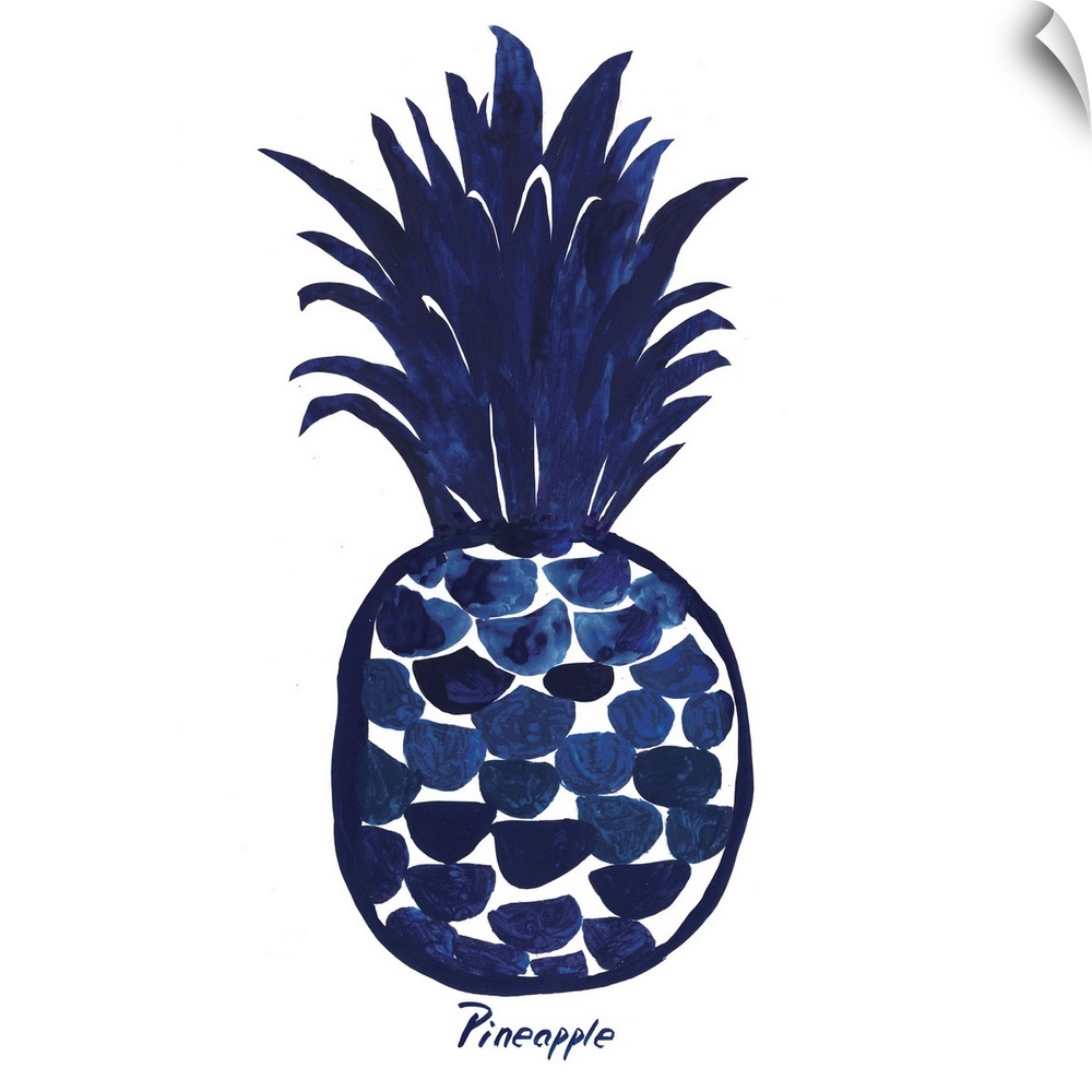 Navy blue ink wash painting of a pineapple on white.