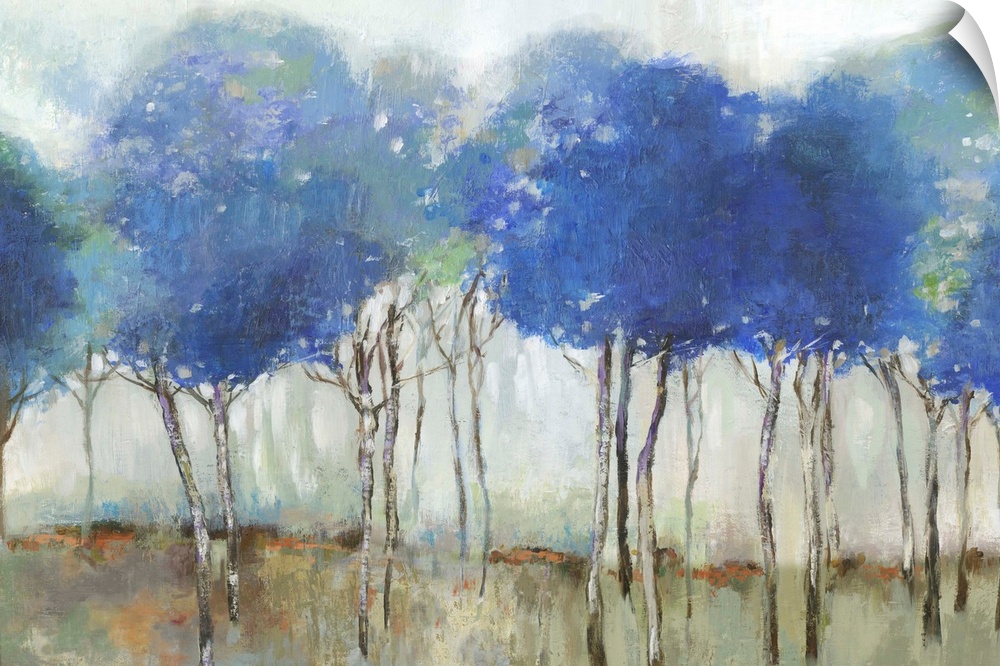 Abstract painting of a forest of brilliant blue trees.
