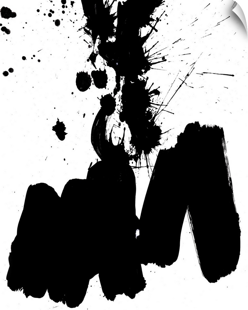 Contemporary abstract home decor artwork using black paint splashes against a white background.