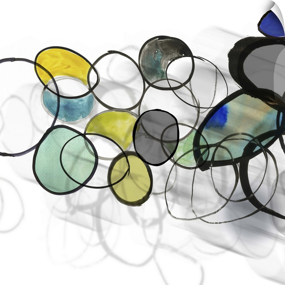 Square painting of circles and rings in multiple colors with a shadow effect beneath.