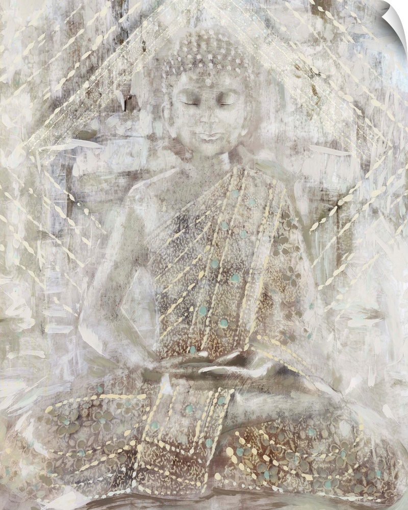 Artwork of a seated Buddha statue with heavy texture in pale, neutral colors.