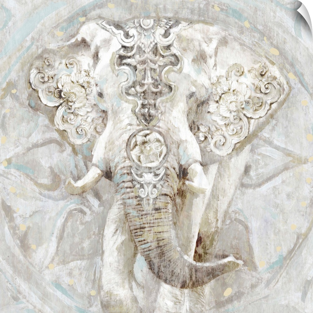 Artwork of an elaborately decorated elephant over a circular sunburst motif.