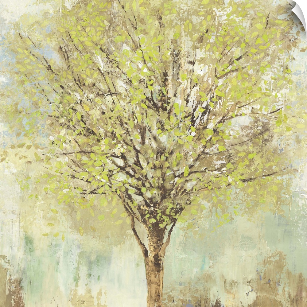 Contemporary artwork of a tree with leafy branches in pale shades of green, blue, and brown.