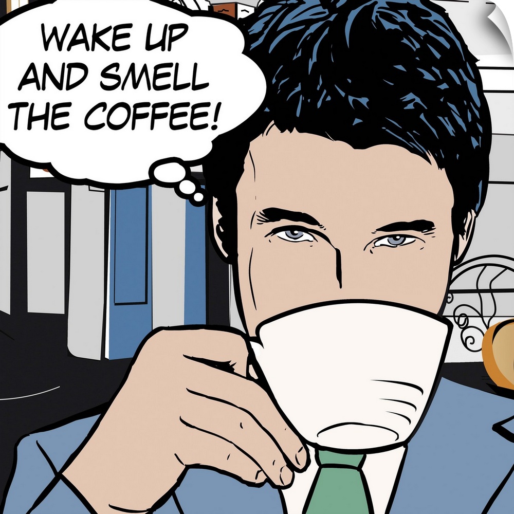 Pop art style decor artwork of a man drinking coffee with a thought bubble coming from his head.