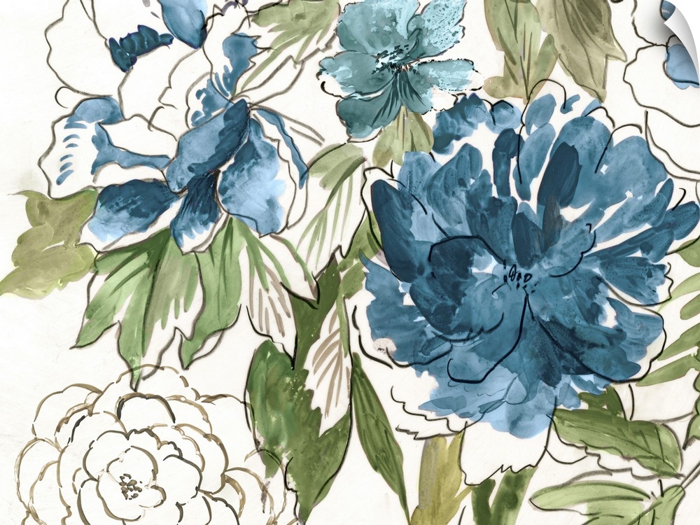 A contemporary painting of flowers with featured colors of blue, green, and brown.