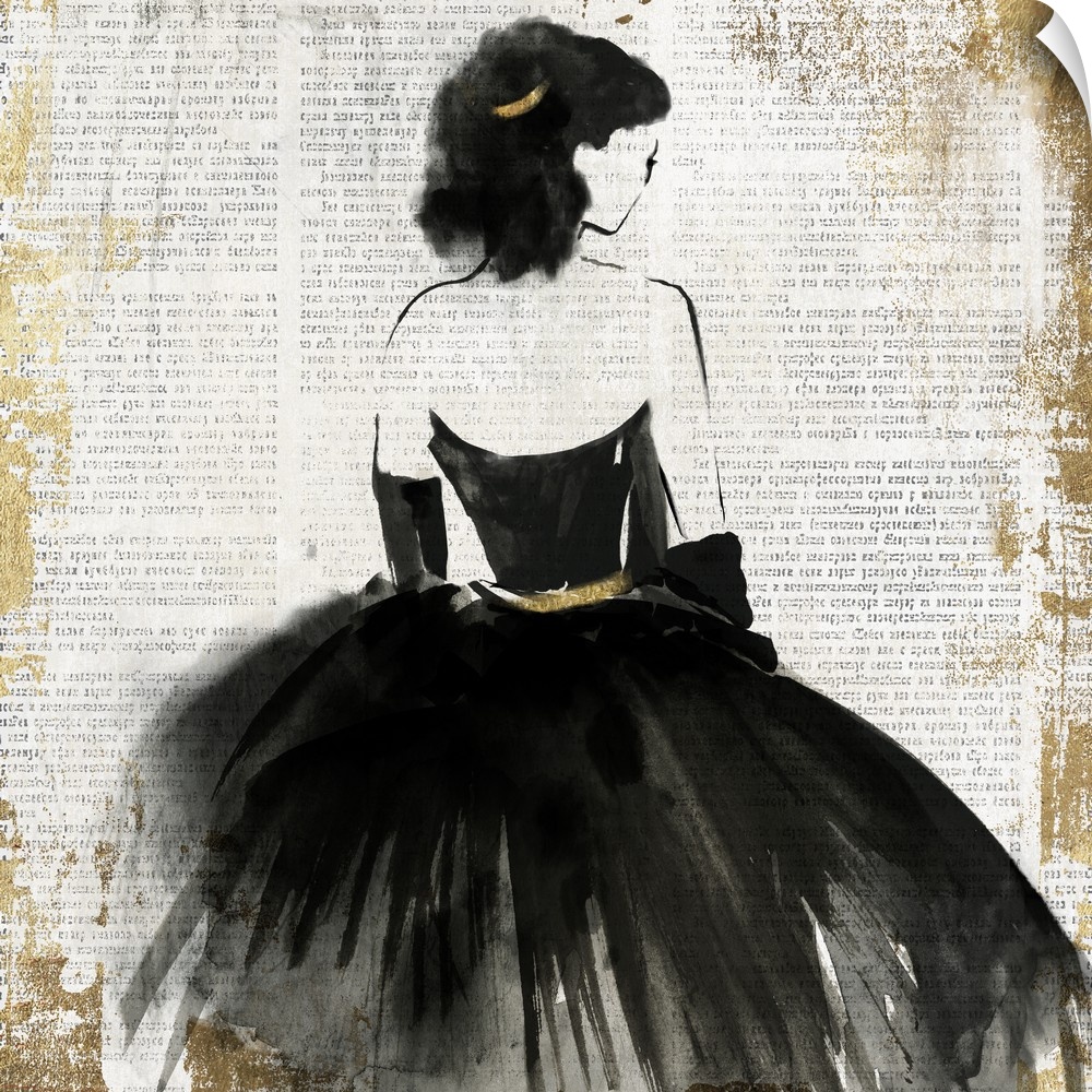 A woman wearing a black evening gown, painted on vintage paper.