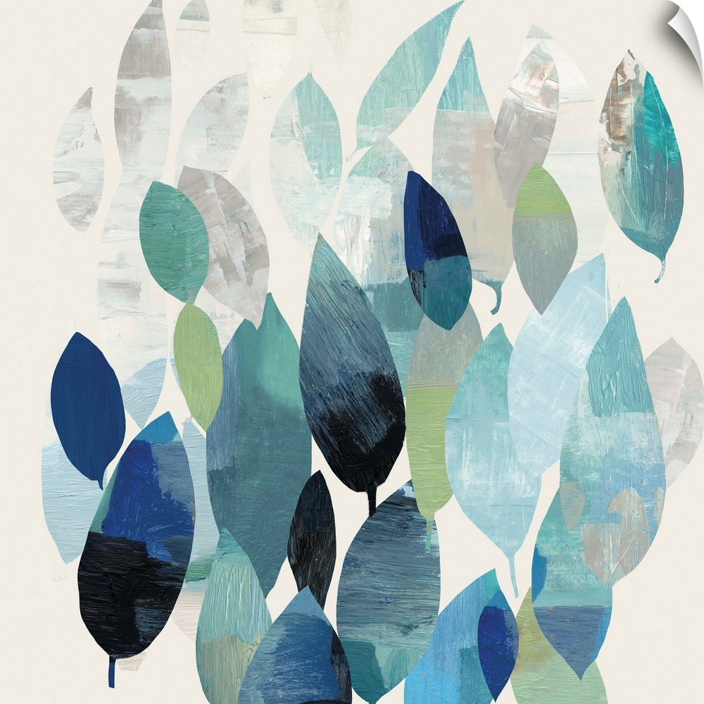 Square abstract painting of leaves in shades of blue.