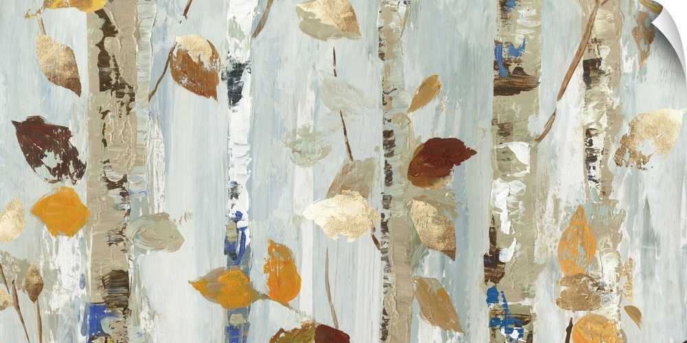 Contemporary panoramic painting of a close up of trees with fall leaves in neutral tones.