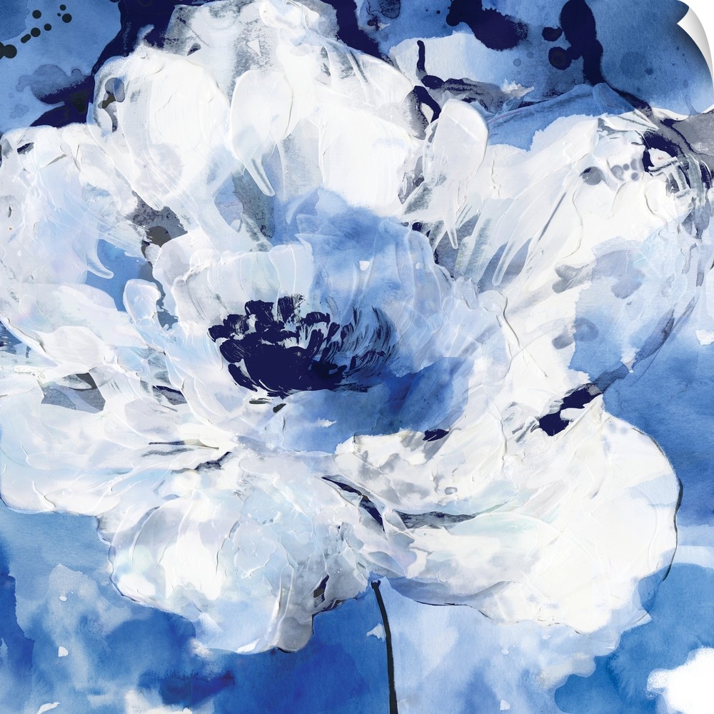 Square contemporary painting of white flowers on a blue background in textured paint.