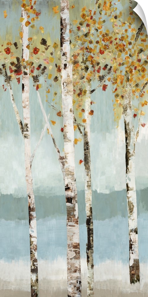 Contemporary artwork of small group of white birch trees.