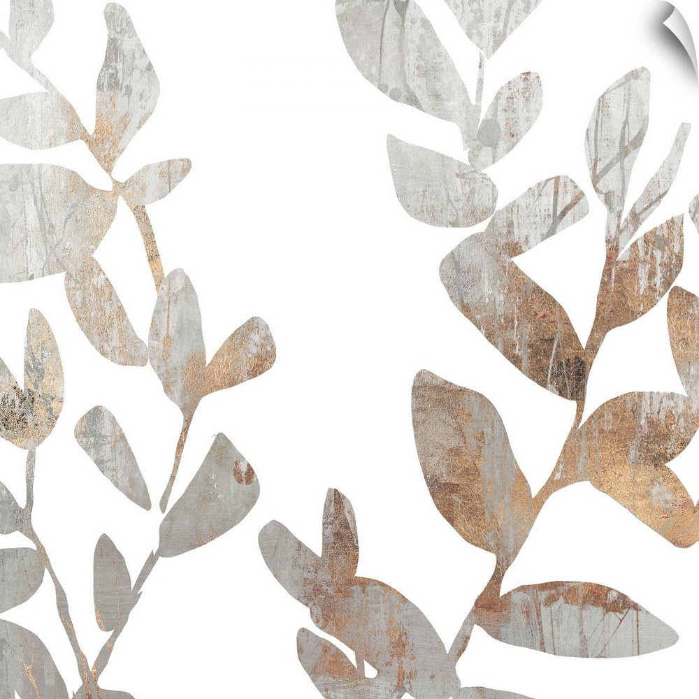 Contemporary painting of leaves in textured tones of gray and brown.