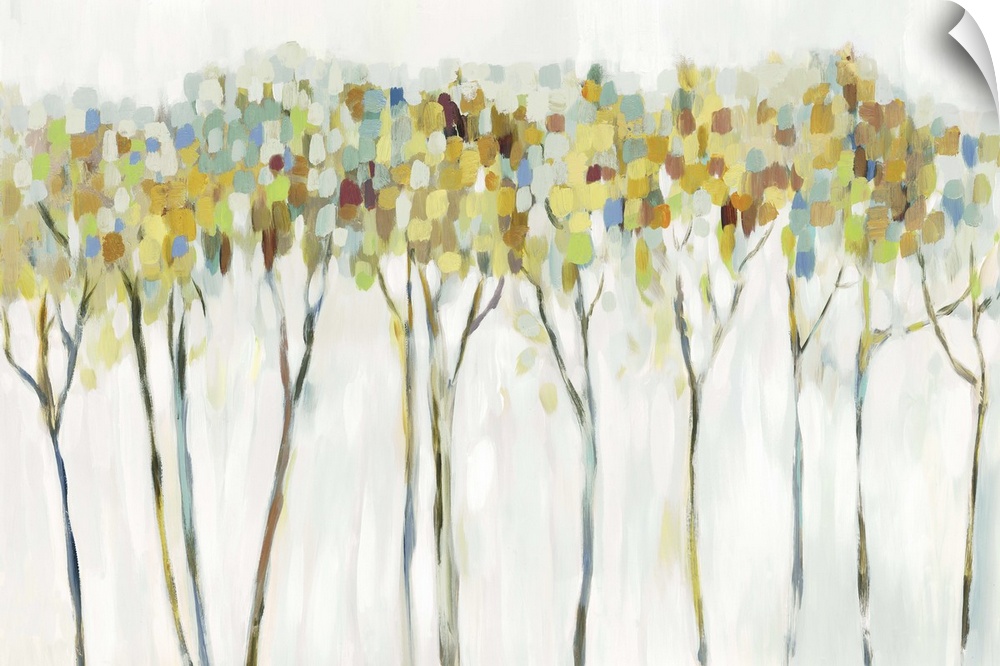 Contemporary painting of a row of slender trees with colorful leaves in earth tones.