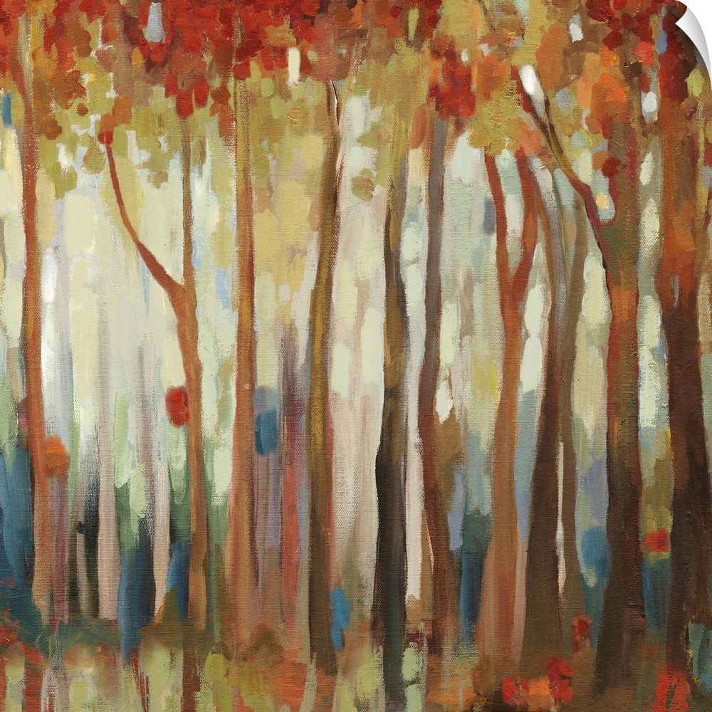 Contemporary home decor artwork of an autumn foliage forest.
