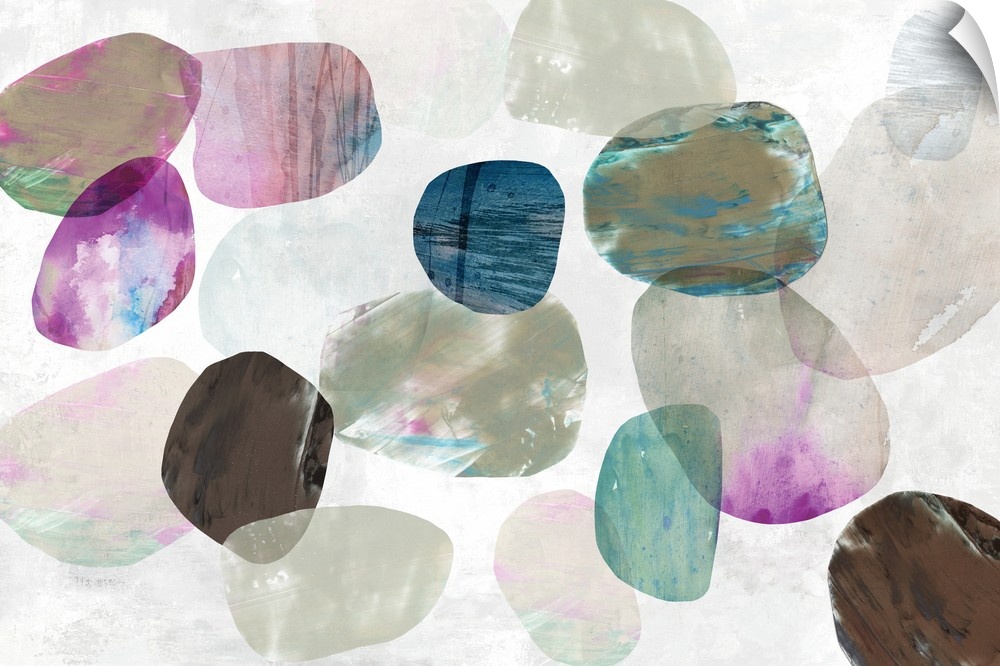 Contemporary painting of multi-color circles in tones of pink, brown and blue in the appearance of stones.