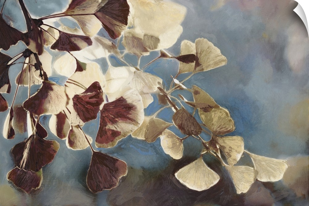 A contemporary painting of leaves on a tree branch against a blue sky.