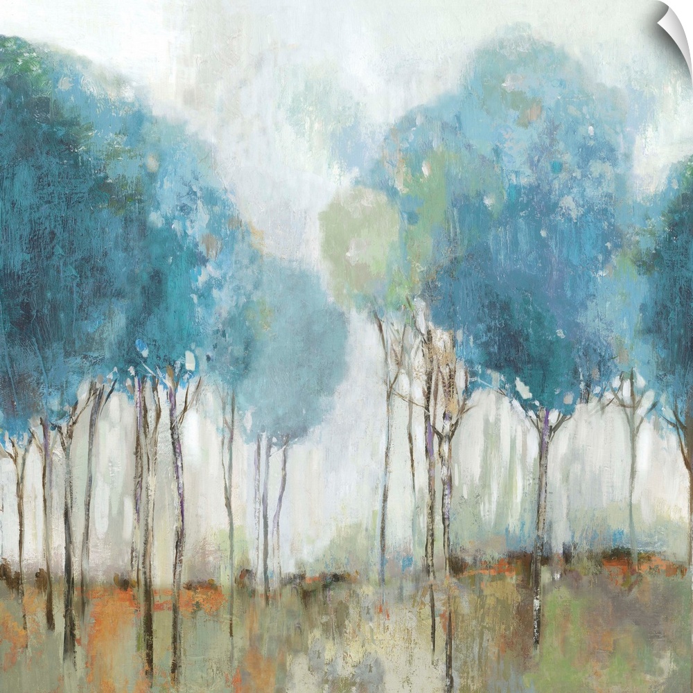 Abstract landscape of a meadow with trees painted in robin's egg blue.