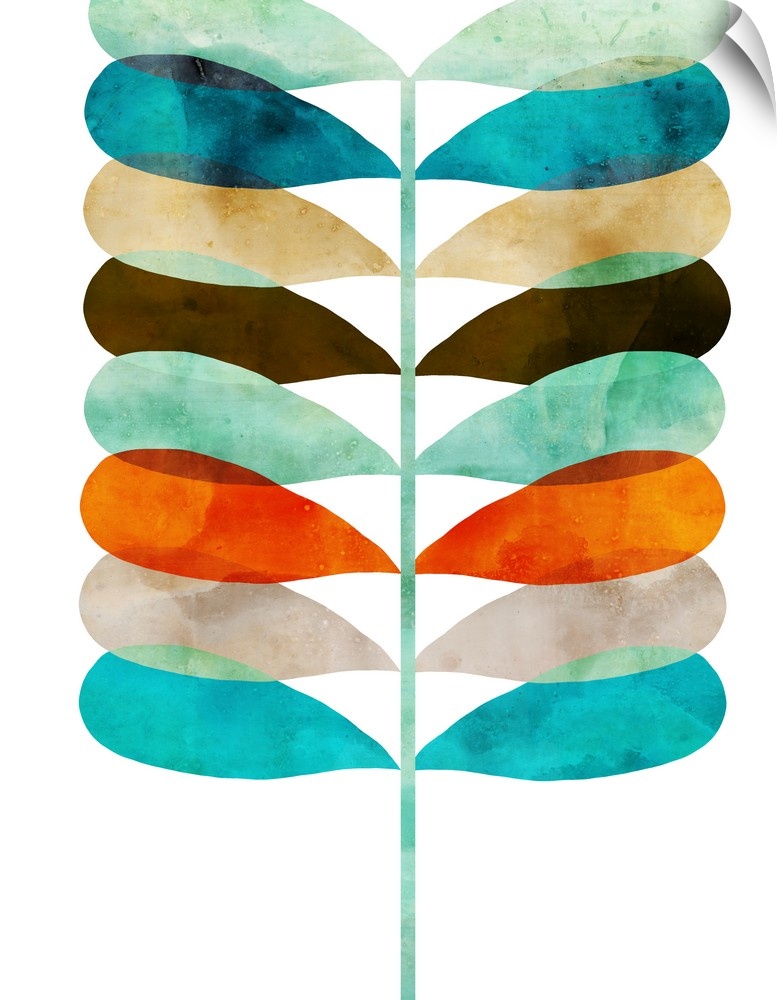 Retro style watercolor painting of a fern shape in blues and oranges.