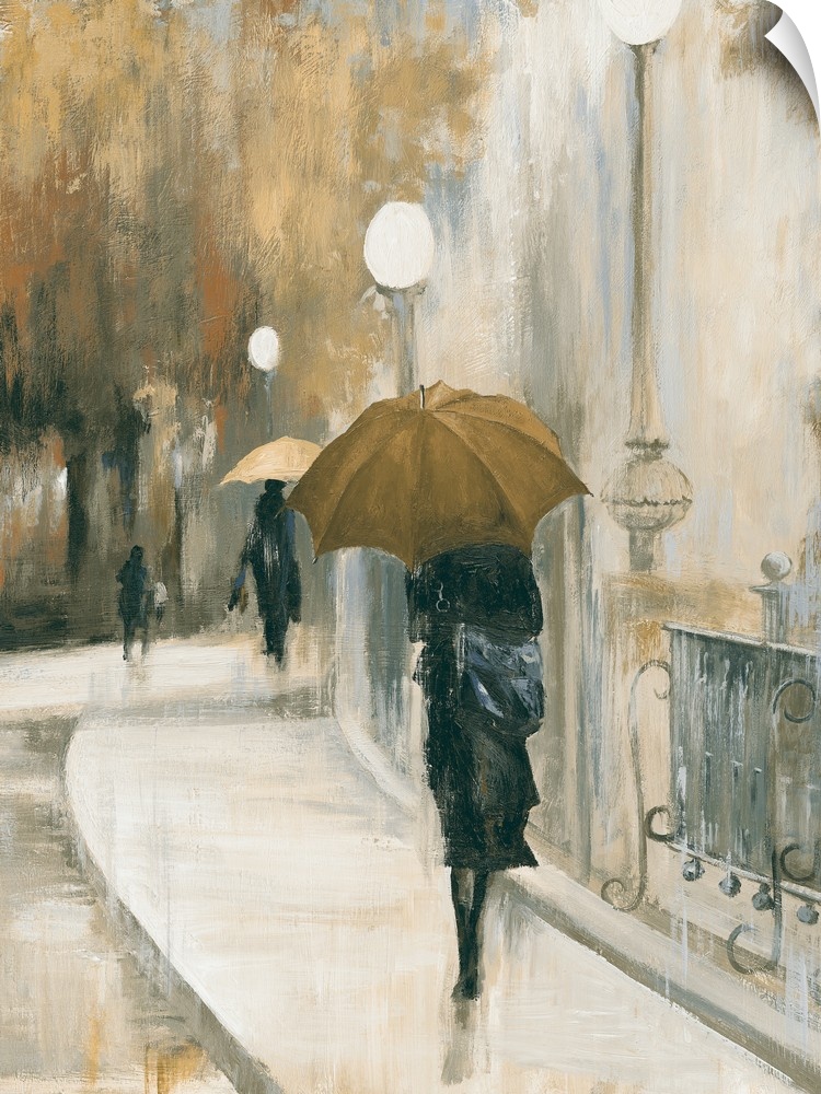 Contemporary artwork of women walking in the city with umbrellas.