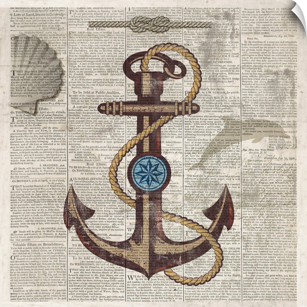 Contemporary dictionary page artwork with a nautical theme and an anchor in the center.