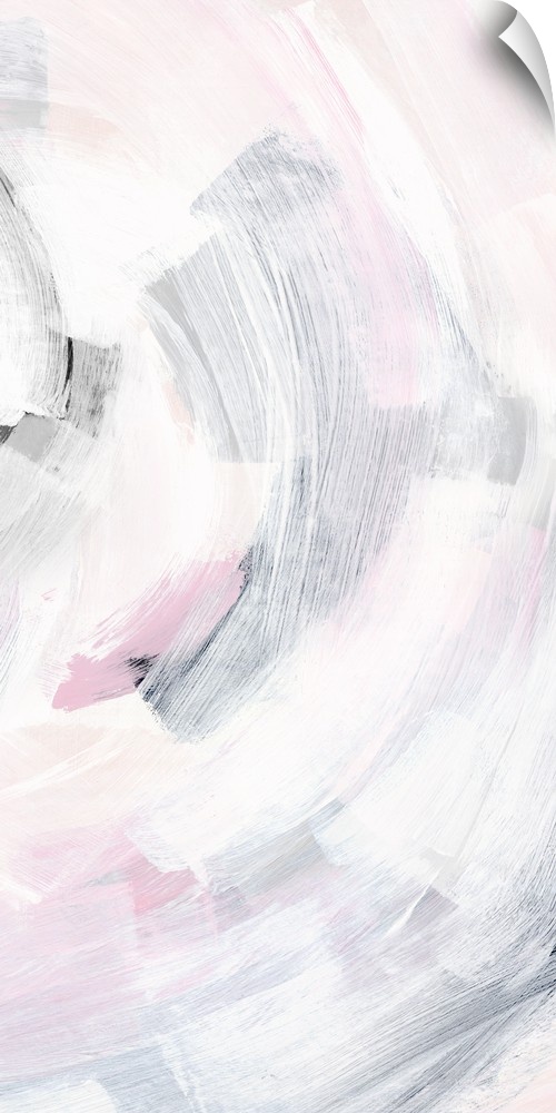 Long vertical painting of curved brush strokes of white washed colors of pink, white and gray.