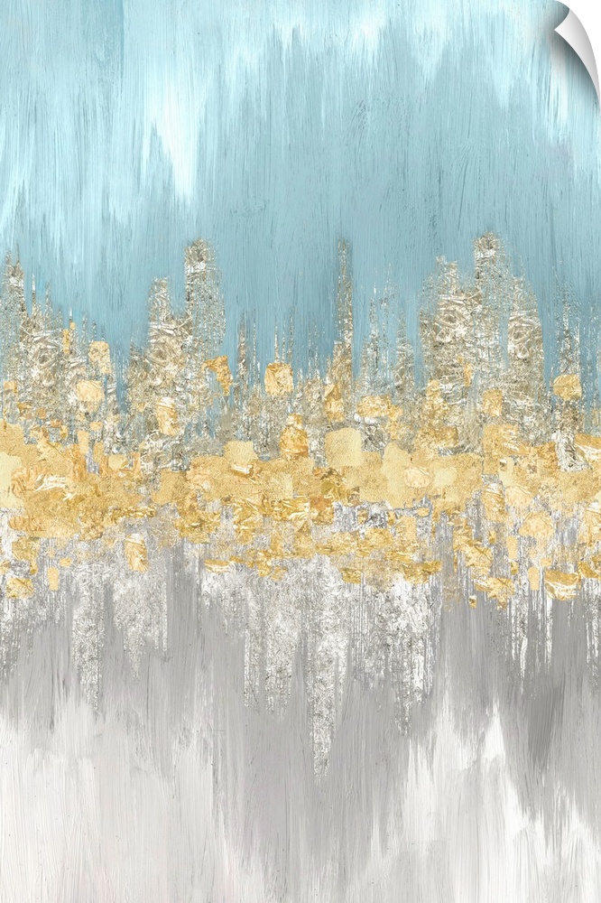 Vertical painting with light blue on the top and gray on the bottom with textured gold in the center.