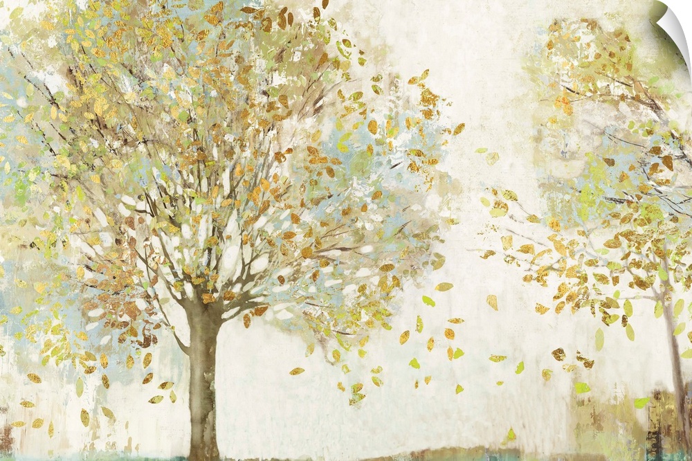 Contemporary painting of trees with leaves blowing in the wind in neutral pastel shades of cream, teal, and gold.