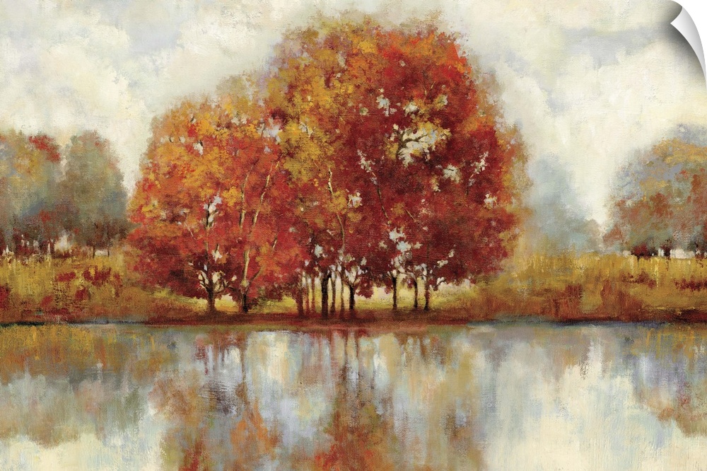 Contemporary painting of a countryside forest scene in autumn foliage.