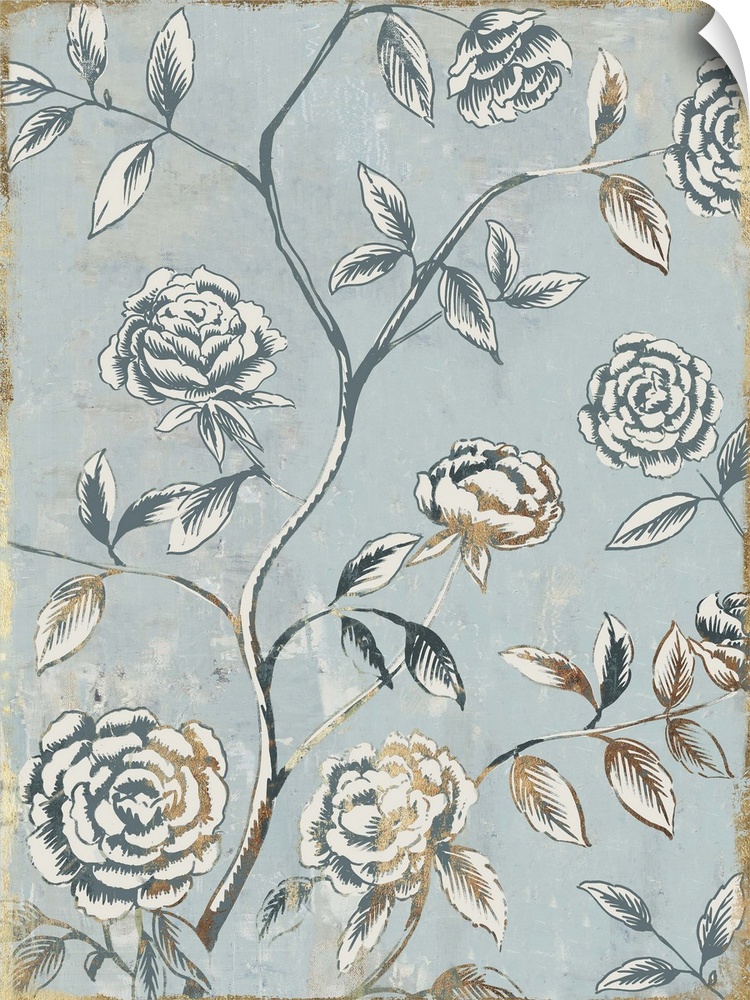 Classic climbing rose motif on pale blue.