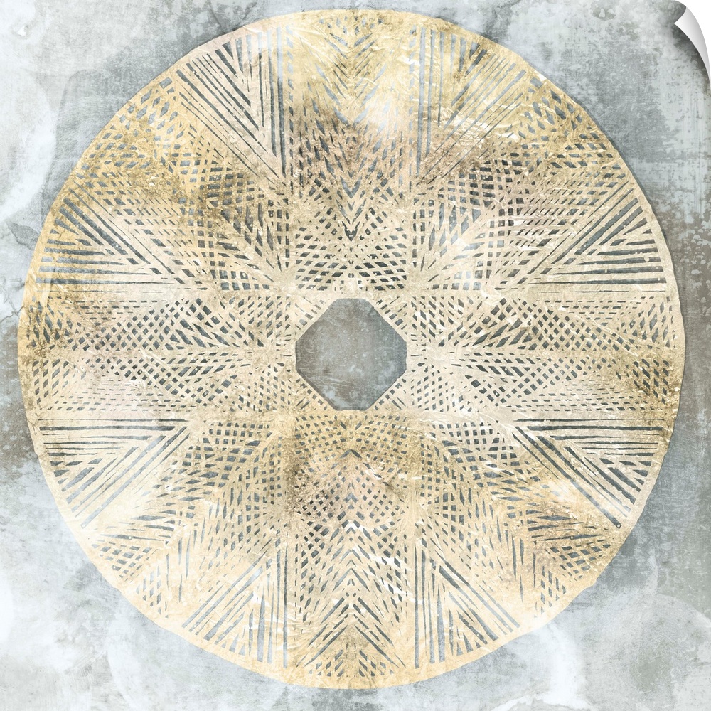 Golden circular mandala-like design on a textured grey background.