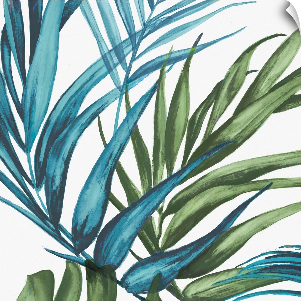 Square decor with illustrated tropical palm leaves in blue and green hues on a white background.