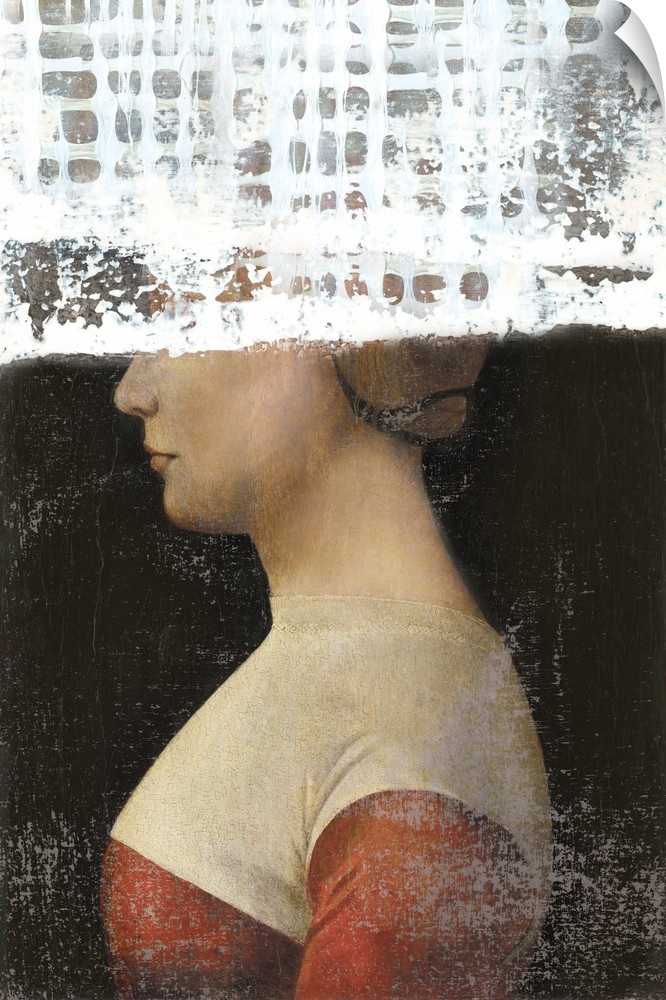 A redesign of a classic portrait painting with a weaved white design overlapping the top on the image.