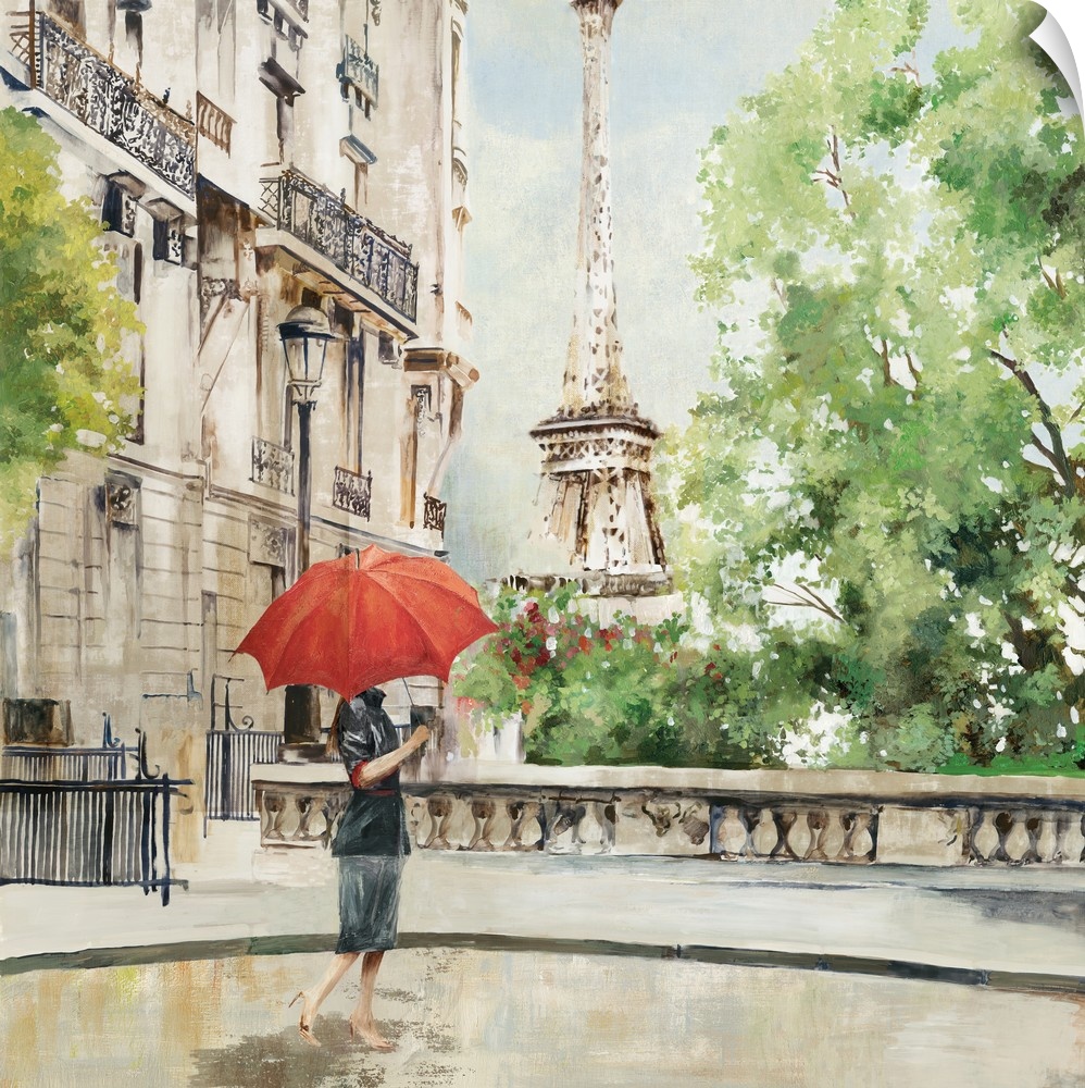 Contemporary artwork of a person with a red parasol walking near the Eiffel Tower.