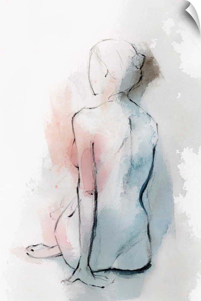 A vertical portrait of a female sitting with her back toward the viewer as she looks over her shoulder.