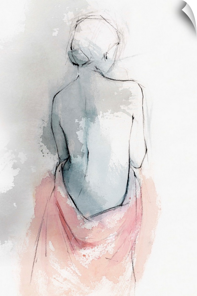 A vertical portrait of the back of a female holding a blanket over her bottom half.