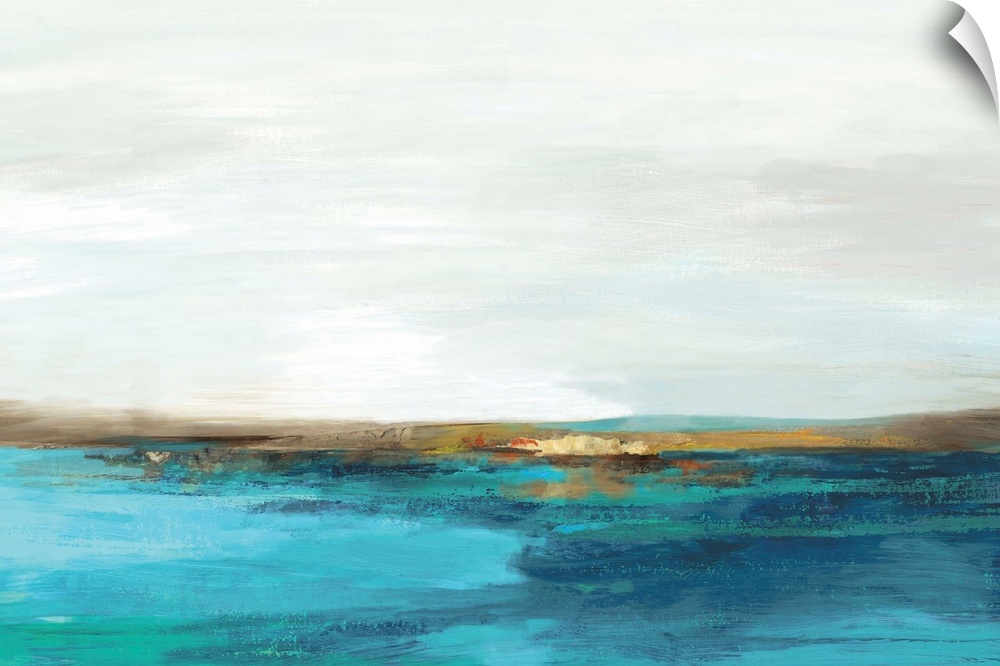 Abstract painting resembling the horizon on a teal blue field under a white sky.