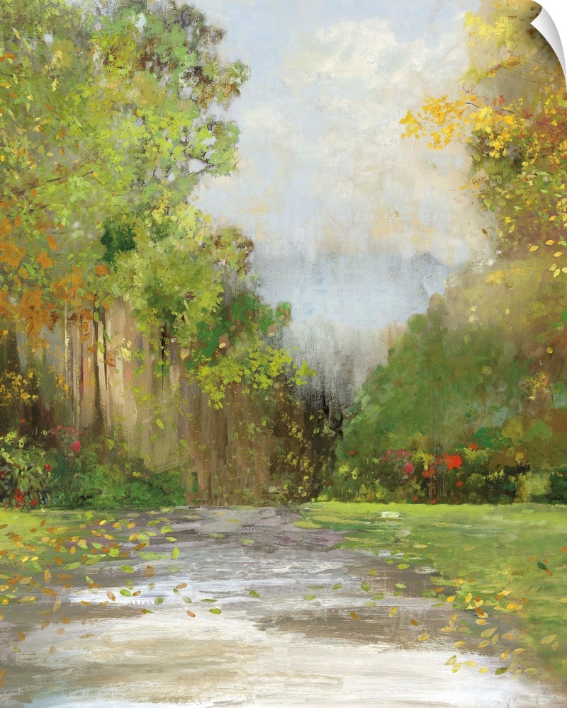 Contemporary painting of a pathway in the countryside surrounded by green trees.