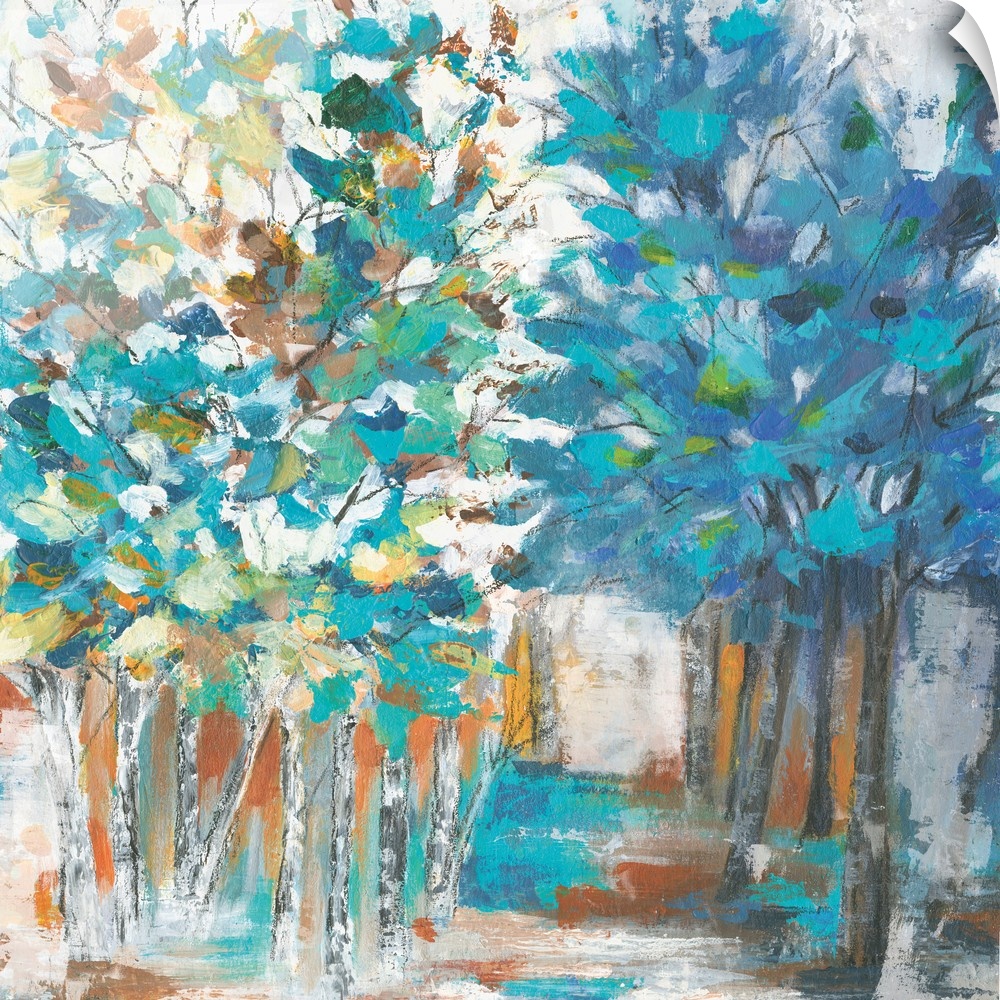 Contemporary artwork of rows of trees with textured leaves in colors of green, blue and yellow with a path through the cen...