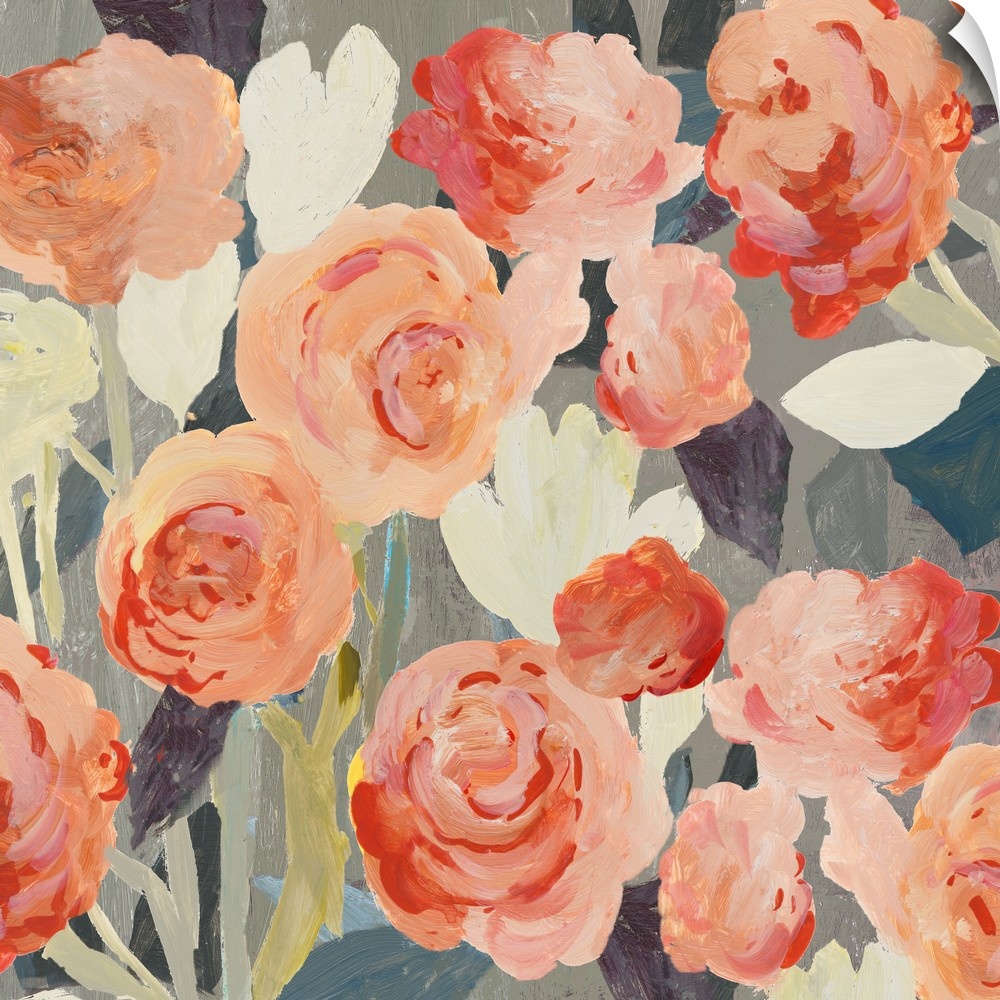 A contemporary painting of pink flower blooms against a neutral textured backdrop.
