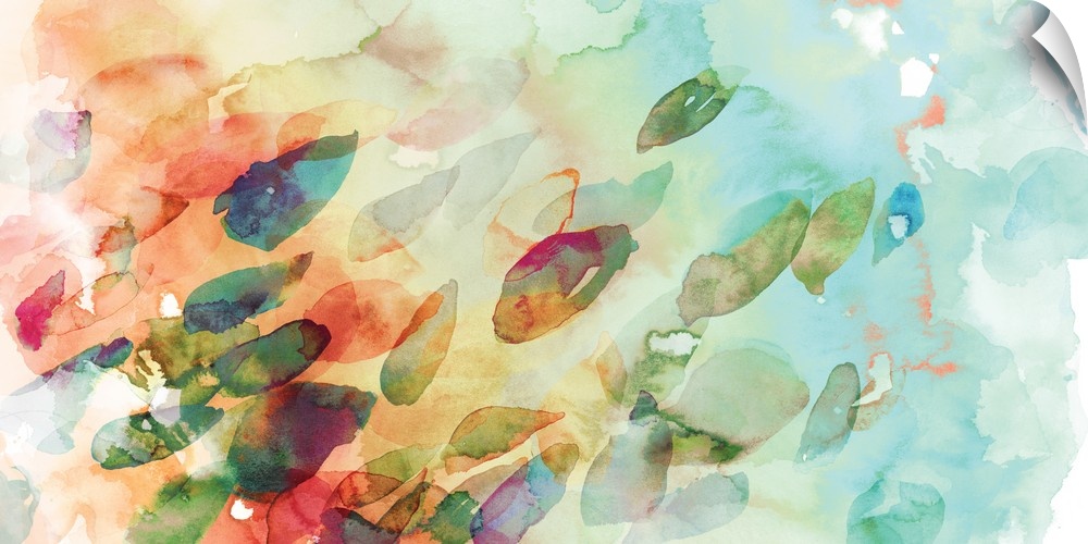 Contemporary watercolor painting in soft, rainbow colors of petals blowing in the wind.