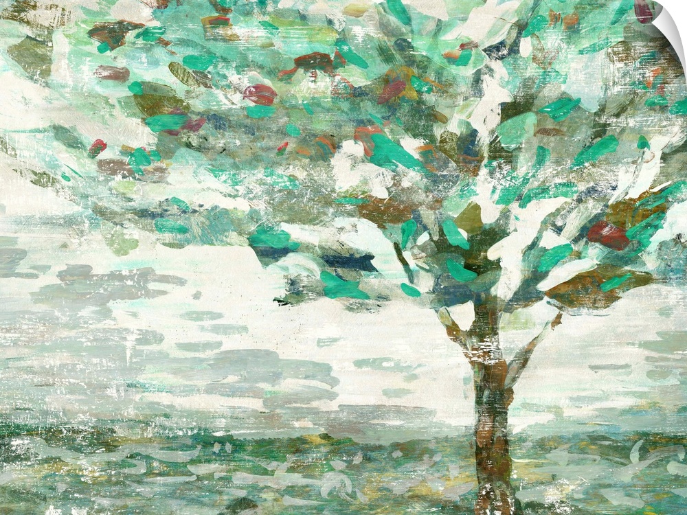 Contemporary painting of a green tree with branches swaying in the wind.